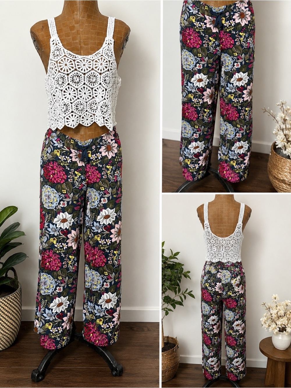 LOFT Floral Wide Leg Pull-On Pants Boho Botanical Print